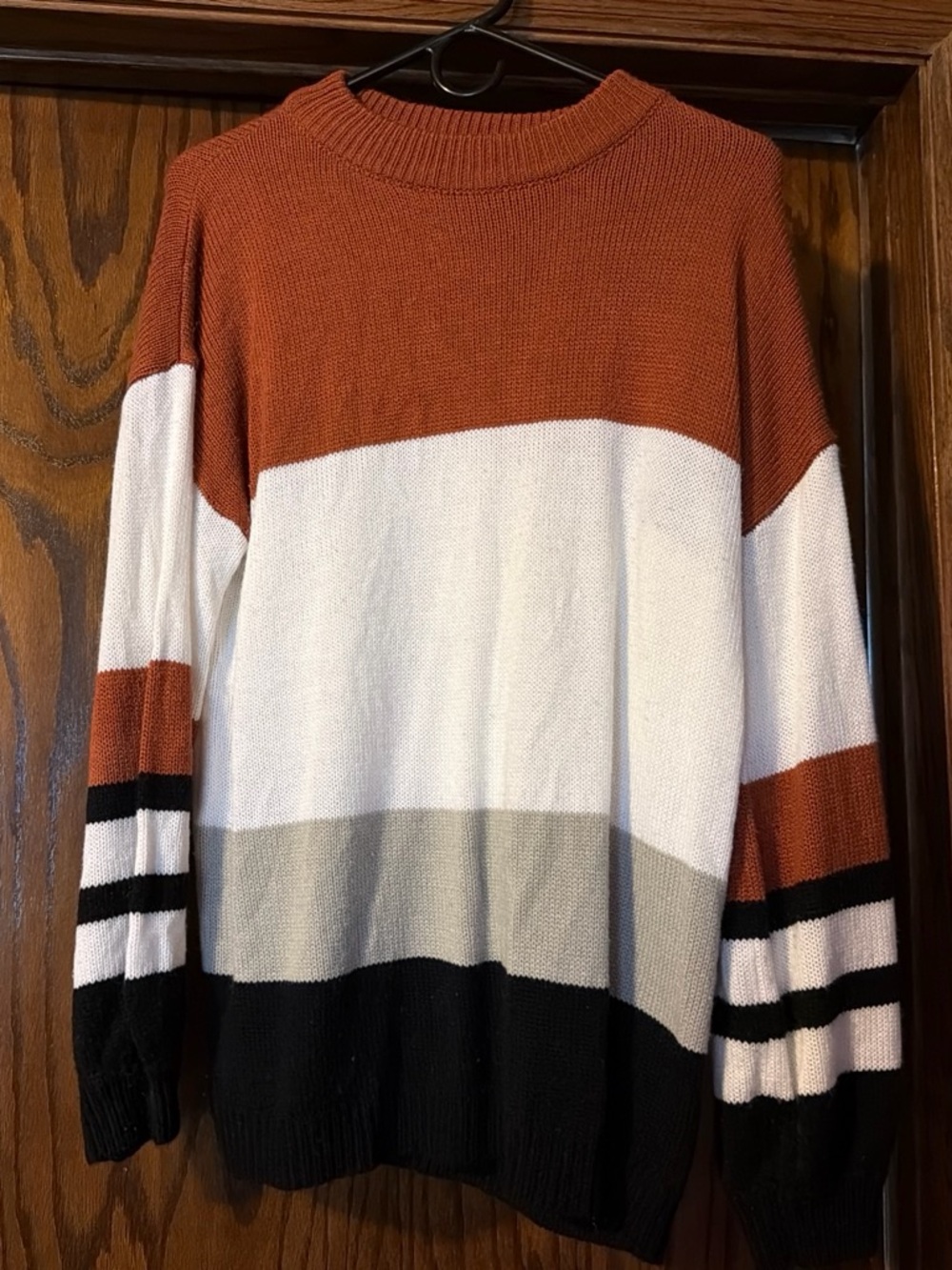 Women's Colorblock Crewneck Sweater in Rust, White, Gray & Black